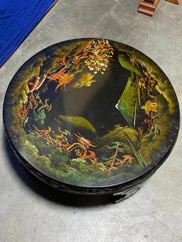 Mid-Century Modern Japanese Low Round Tea Table, Hand Painted Scenes of Mt Fuji, Mother of Pearl