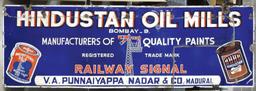 Hindustan Oil Mills Paint, porcelain, pictures paint cans & oil rig in center, 73in x 24in