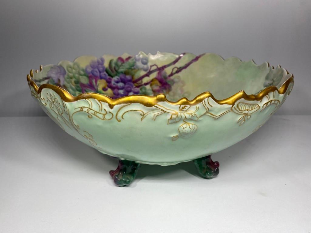 Large T&V Limoges France Hand Painted Footed Bowl, 14.5in Wide, 6.5in Tall