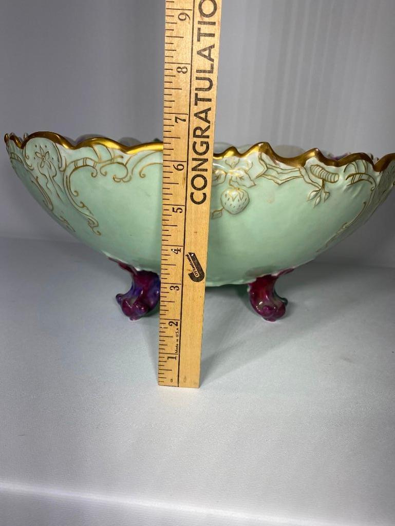 Large T&V Limoges France Hand Painted Footed Bowl, 14.5in Wide, 6.5in Tall