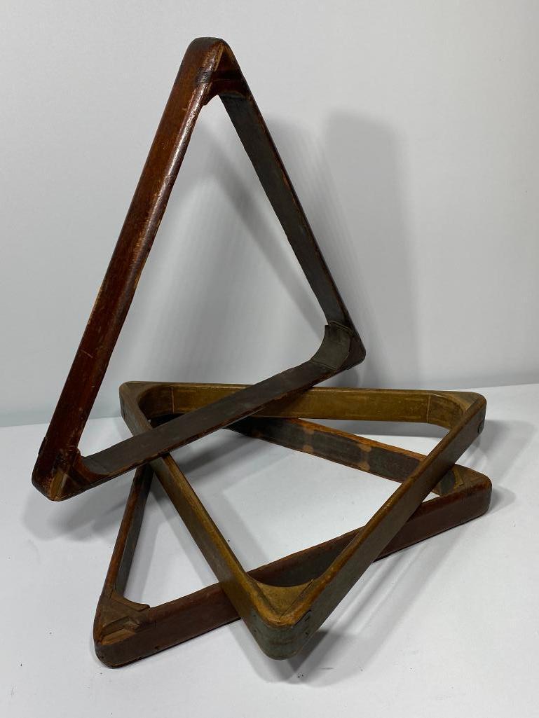 Lot of 3, Antique Billiards Racks, Pool Ball Triangle, Wooden and Brass