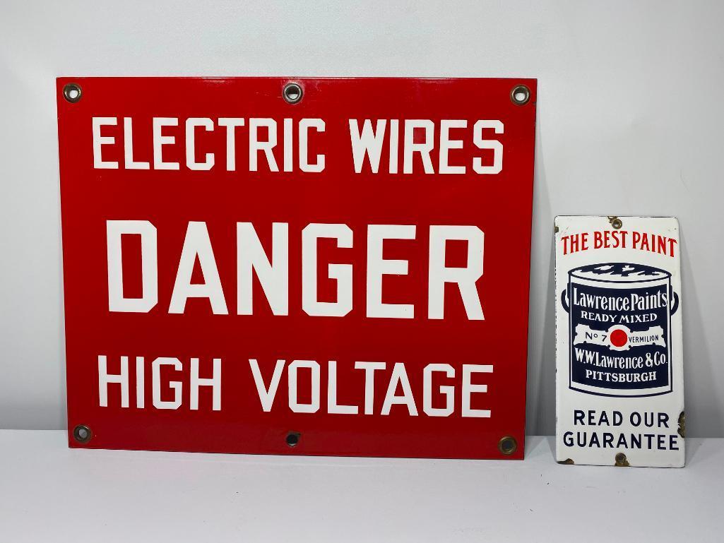 Lot of 2 Porcelain Signs, Danger Electric Wires High Voltage, Laurence Paints, SSP