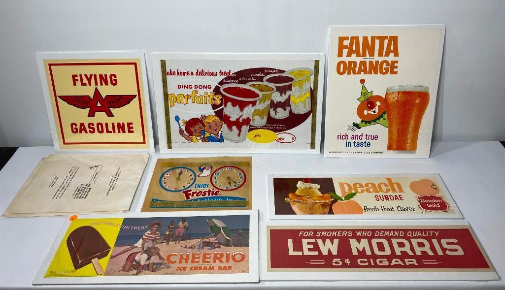 Lot of 9, NOS Paper Litho Soda Fountain & Cigar Store & Gas Advertisements