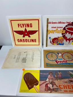 Lot of 9, NOS Paper Litho Soda Fountain & Cigar Store & Gas Advertisements