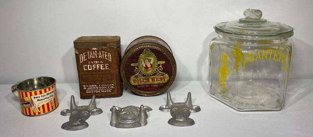 Lot of 7 Misc Advertising Pieces, 2 Tins, Coffee, Dills Best Tobacco, 4 MoorMan Pieces, Planters Jar