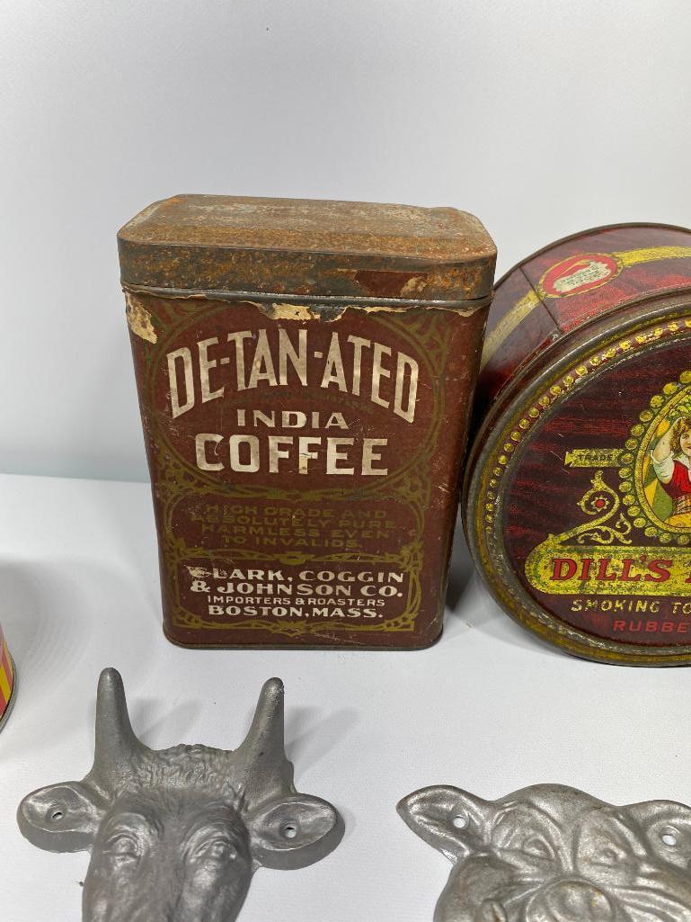 Lot of 7 Misc Advertising Pieces, 2 Tins, Coffee, Dills Best Tobacco, 4 MoorMan Pieces, Planters Jar