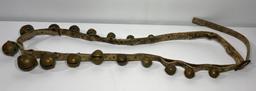 Antique Sleigh Bells on Leather Strap, Primitive w/ Brass Bells