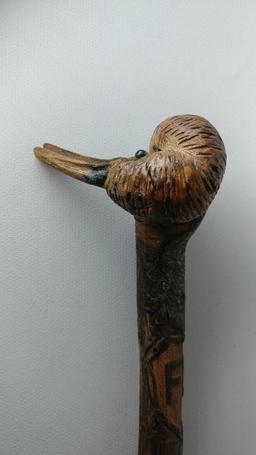 Carved Wooden Fowl with Large Beak Cane