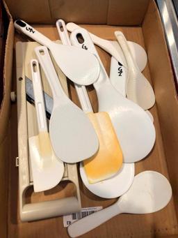 Group of Wooden and Plastic Kitchen Utensils, Paddles, Scoops, Spoons, Forks