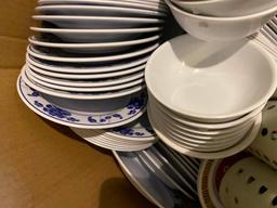 Large Box of Restaurant China and Silverware, Unsorted Large Heavy Box Full
