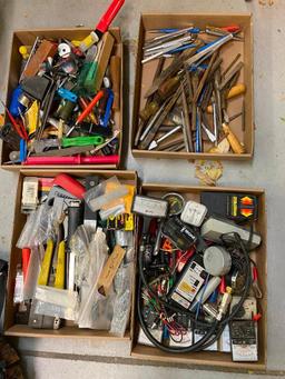 4 Boxes of Misc. Tools, Electrical Meters, Gauges, Hand Tools, Stud Finder, ETC