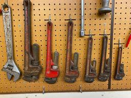 Lot of 6 Pipe Wrenches and 1 Large Crescent Wrench