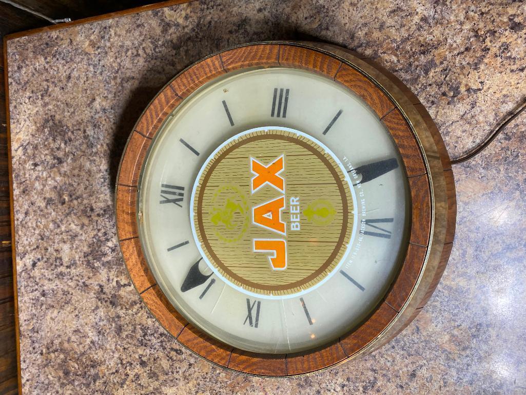Jax Beer Barrel Clock, Not Working, Jax "Plantation Oaks" Art Treasure Print c. 1973