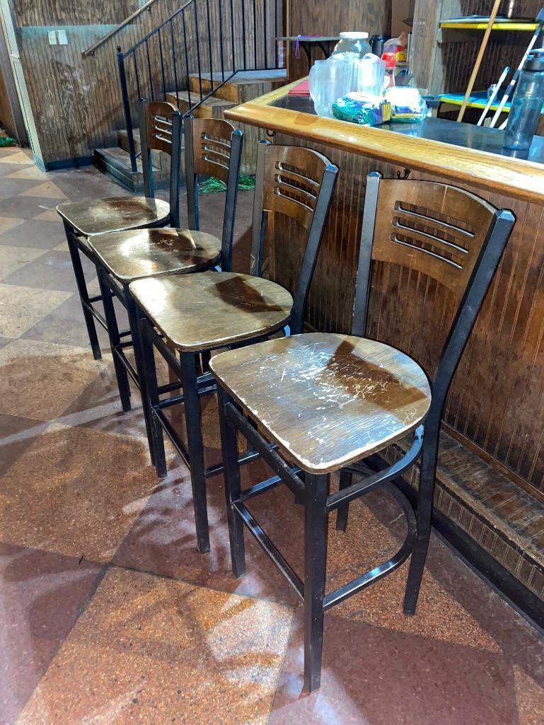 Lot of 4, Restaurant Bar Stools, Wooden Ladder Back, Iron Frame, 30" to Seat 42" to Back