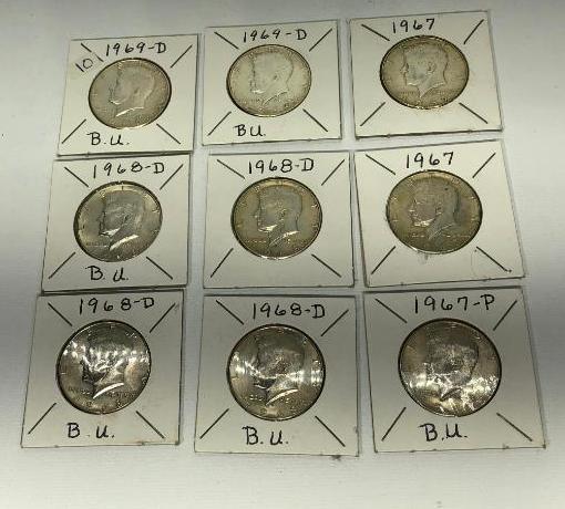 Lot of 9 Kennedy Half Dollars