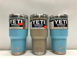 (3) Yeti Rambler 30oz Tumbler Reef Blue MSRP: $34.99, Yeti Rambler 30oz Sand MSRP: $34.99