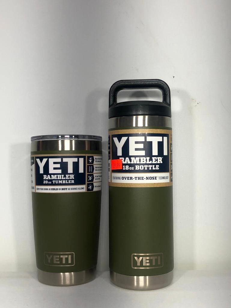 (2) Yeti Rambler 20oz Tumbler Olive Green, Yeti Rambler 26oz Bottle Olive Green MSRP: $39.99