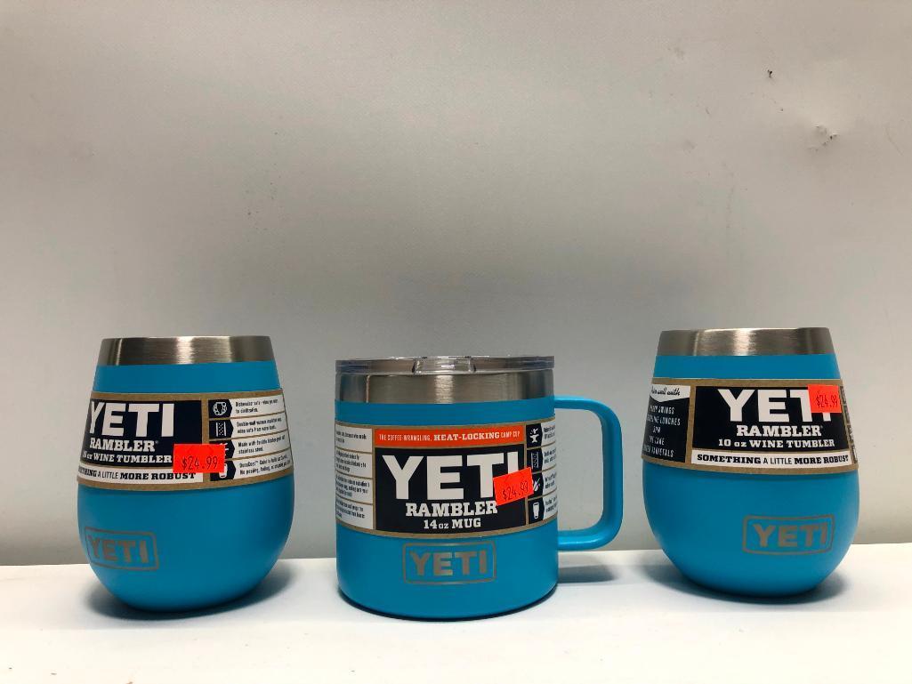 (3) Yeti Rambler 10oz Wine Tumbler Reef Blue MSRP: $24.99, Yeti Rambler 14oz Mug Reef Blue MSRP: $24