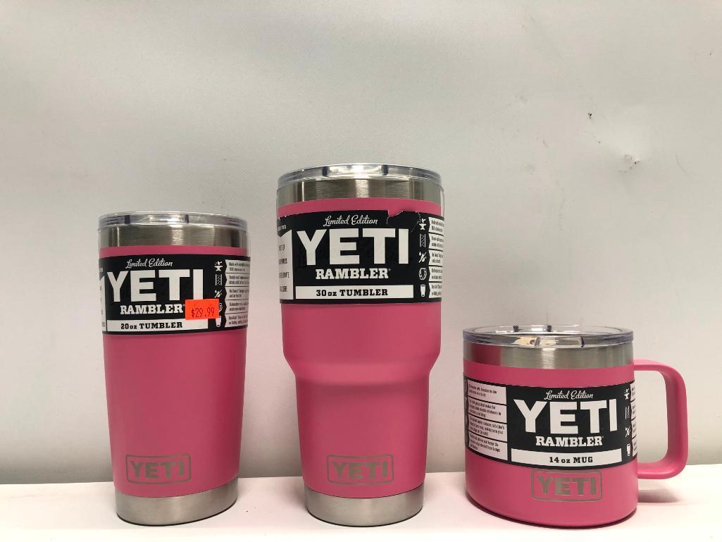 (3) Yeti Rambler 20oz Tumbler LE Pink, Yeti Rambler 30oz Tumbler LE Pink, Yeti Rambler 14oz Mug LE P