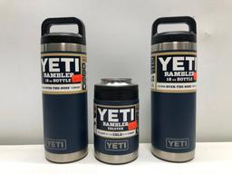 (3) Two Yeti Rambler 18oz Bottle Navy MSRP: $29.99, Yeti Rambler Colster Navy MSRP: $24.99