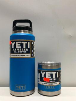 (2) Yeti Rambler 36oz Bottle Tahoe Blue MSRP: $49.99, Yeti Rambler 10oz Lowball Tahoe Blue MSRP: $19