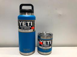 (2) Yeti Rambler 36oz Bottle Tahoe Blue MSRP: $49.99, Yeti Rambler 10oz Lowball Tahoe Blue MSRP: $19