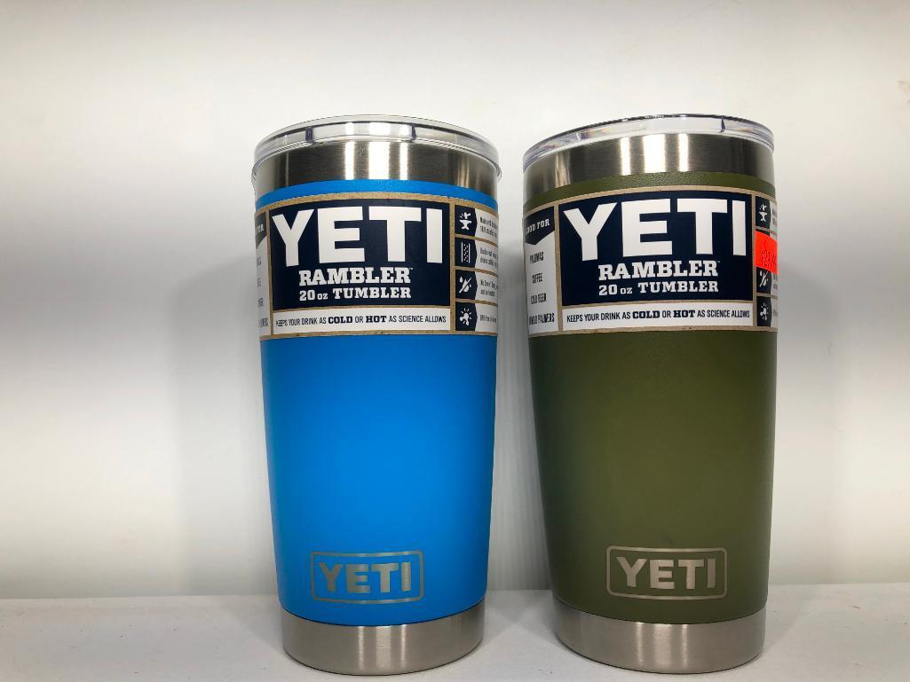 (2) Yeti Rambler 20oz Tumbler Olive Green MSRP: $29.99, Yeti Rambler 20oz Tumbler Tahoe Blue