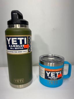 2 Items: Yeti Rambler 36oz Bottle, Olive, Yeti 14oz Rambler Mug, Reef Blue