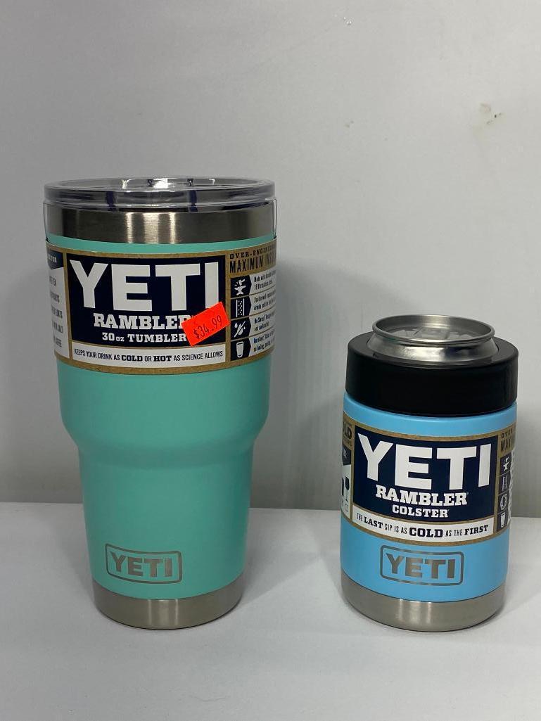 2 Items: Yeti 30oz Rambler Tumbler, Seafoam, Yeti Colster, Sky Blue