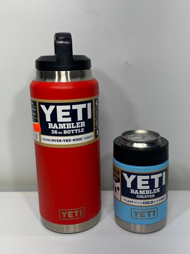 2 Items: Yeti Rambler 36oz Bottle Canyon Red, Yeti Colster, Sky Blue