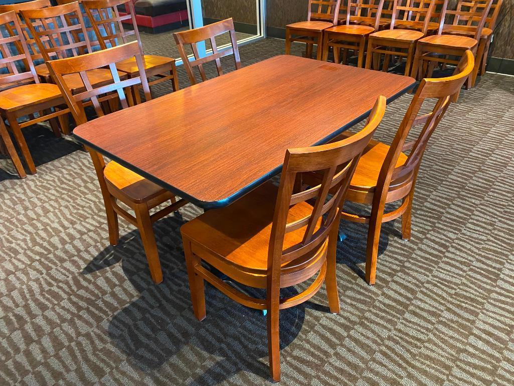 Restaurant Table w/ 4 Wooden Chairs, 48in x 30in x 24in, Double Pedestal, 4 Solid Wood Chairs