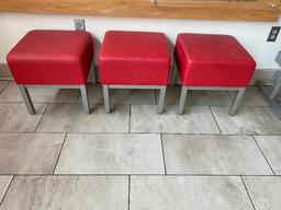 Three Red Stools, 18in H, 16in x 16in Seat, Red Cushion, Metal Frame