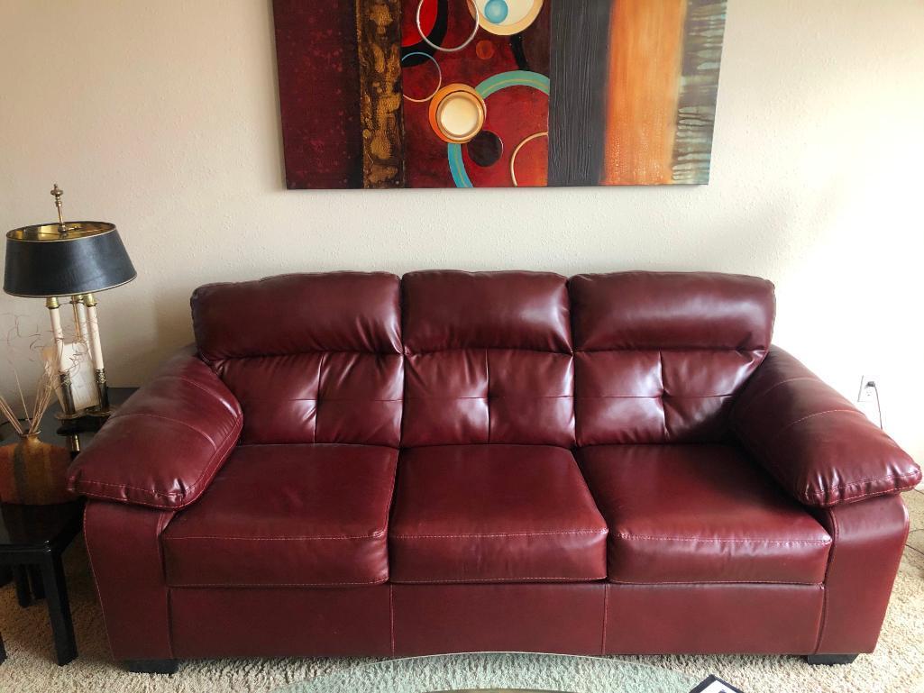 Leather Burgundy Couch 91" Long Sofa, Very Clean, VG Condition