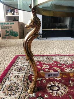Glass Top Coffee Table with Brass Seahorse Motif Frame-Very Heavy