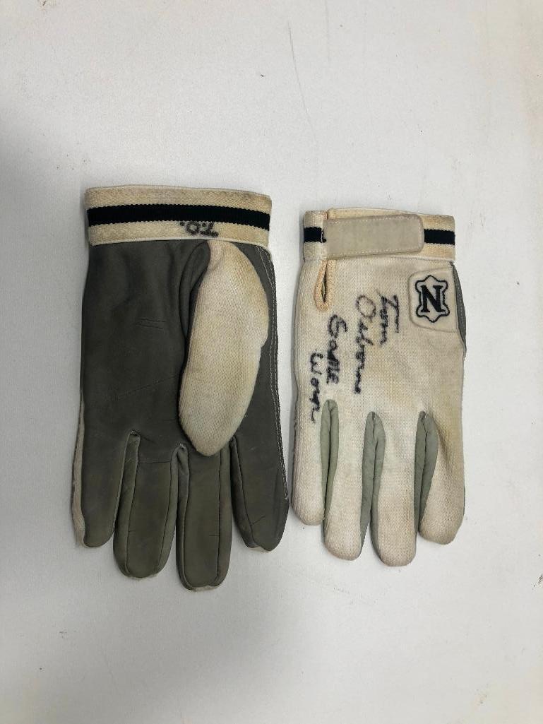 Tom Osborne Signed Inscribed and Game Worn Gloves