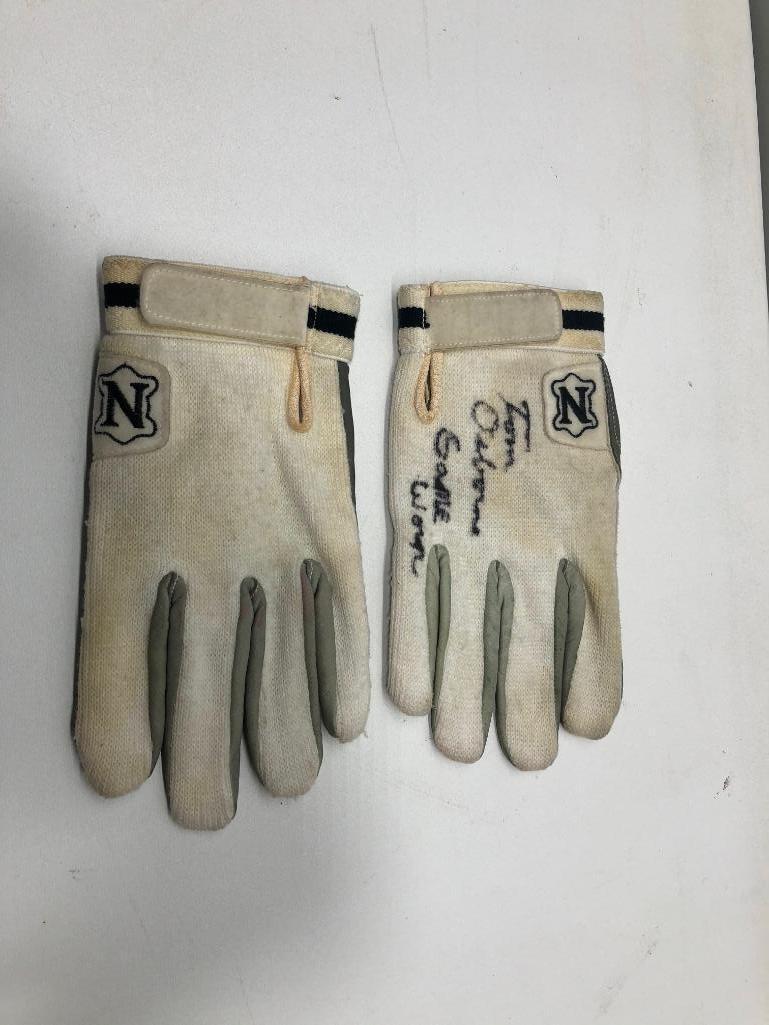 Tom Osborne Signed Inscribed and Game Worn Gloves