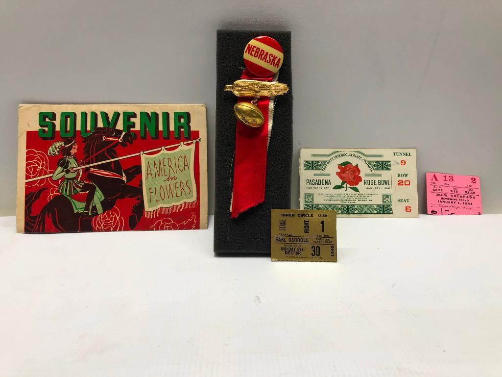 1941 Rose Bowl Tickets Set, Button/Ribbon, and Photo Booklet