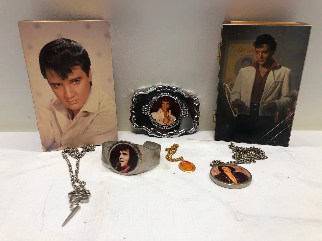 (6) Two Vintage Elvis Jewelry Boxes, Elvis Belt Buckle, Elvis Bracelet, Two Elvis Necklaces