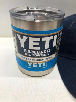 Lot of 3- Yeti Navy Hat, 2 Tahoe Blue 10oz Lowballs with Lids