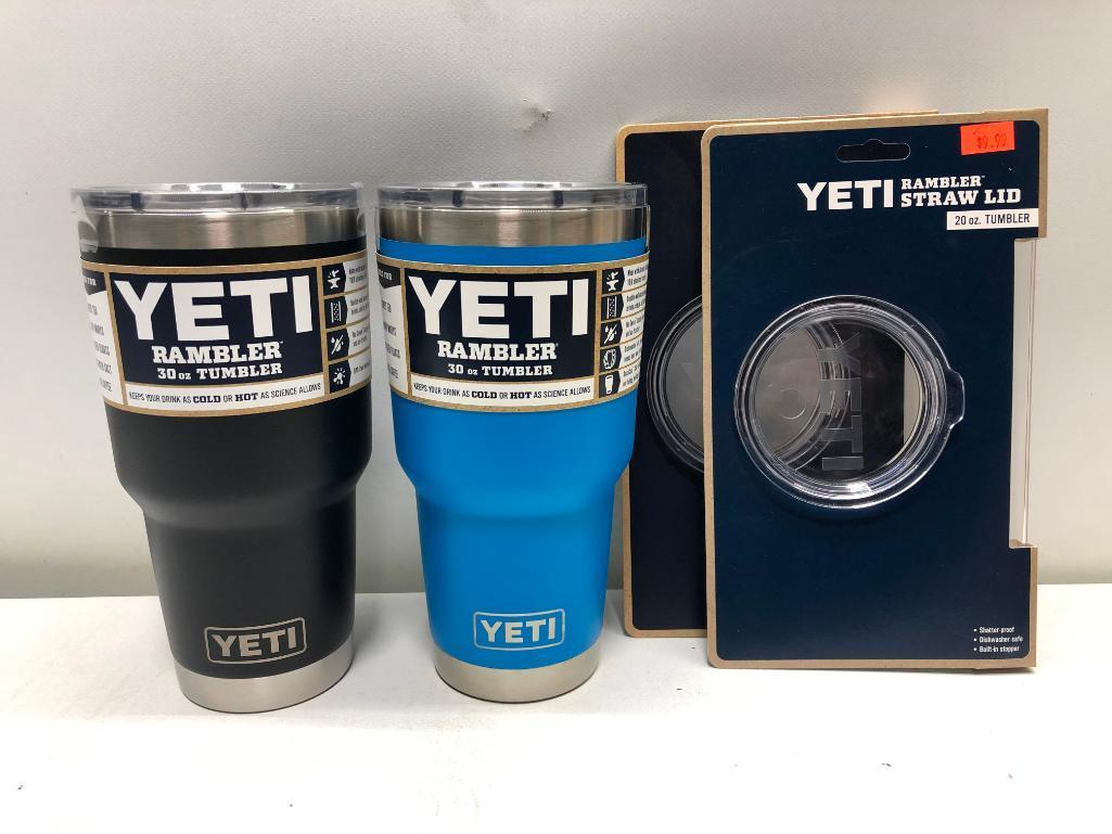 Lot of 4- 2 Yeti Rambler Straw Lid, 2 Yeti 30 oz Yeti Tumblers Black and Tahoe Blue MSRP $90.00