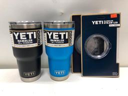 Lot of 4- 2 Yeti Rambler Straw Lid, 2 Yeti 30 oz Yeti Tumblers Black and Tahoe Blue MSRP $90.00