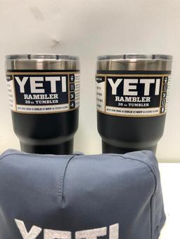 Lot of 3- Gray Yeti Hat, 2 Charcoal Yeti 30oz Tumblers with Mag Slide Lids MSRP $90.00