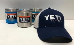 Lot of 4- Navy Yeti Hat, 3 Yeti 14oz Mugs, Tahoe Blue, Silver, Reef Blue MSRP $95.00