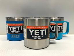 Lot of 4- Navy Yeti Hat, 3 Yeti 14oz Mugs, Tahoe Blue, Silver, Reef Blue MSRP $95.00