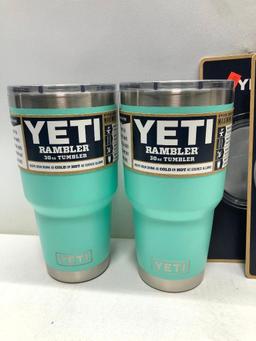 Lot of 5- 2 Yeti Rambler 30oz Straw Lids, Seamfoam Hat, 2 Seamfoam 30 oz Yeti Tumblers with Mag