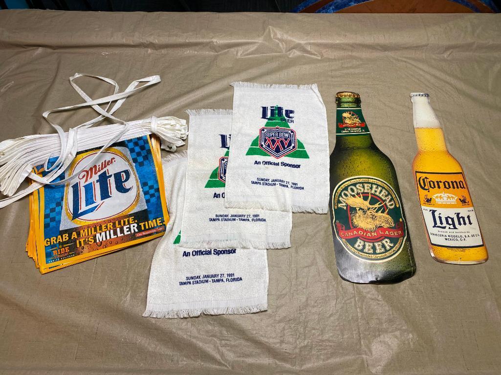 2 Die-Cut Beer Signs, Superbowl XXV Bar Towels, Miller Light Banner Flags