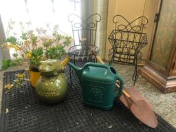 (8) Three Assorted Planter Holders, Two Antique Style Mini Shovels, Watering Can, Watering Can