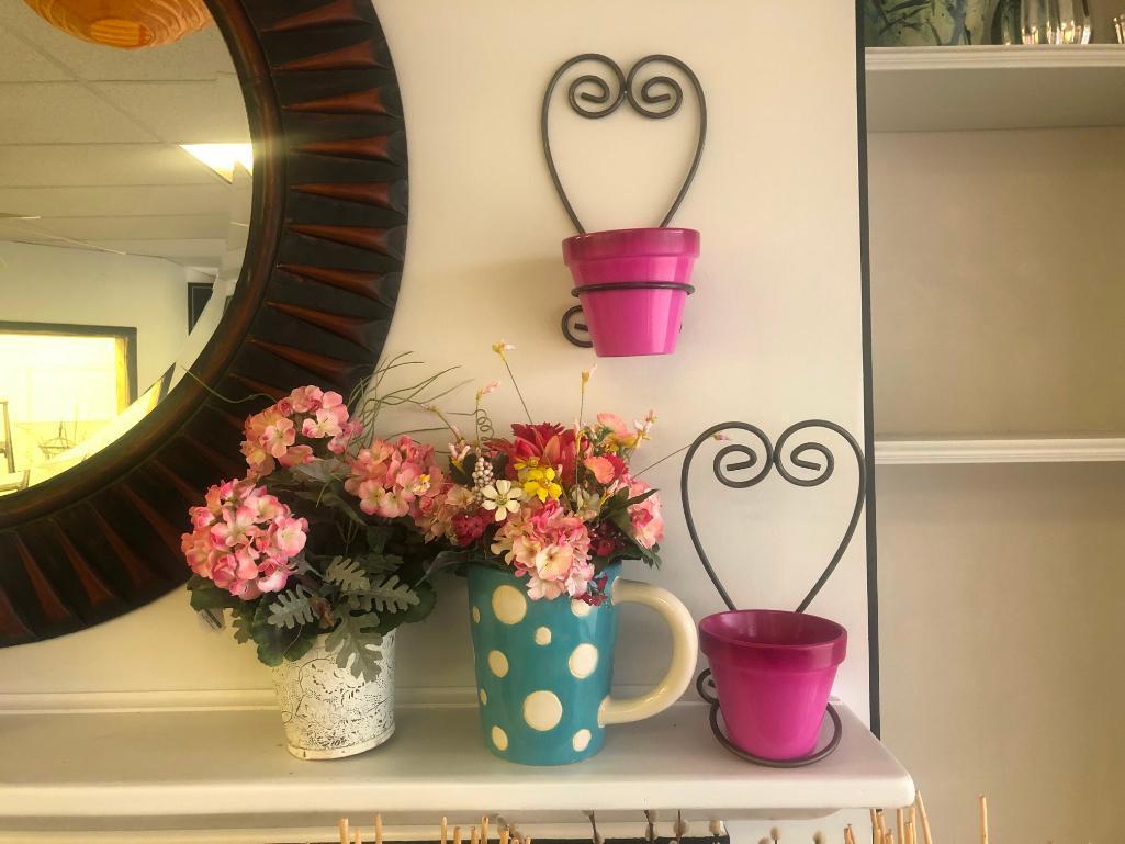 (6) Artificial Plants with Pots, Two Small Pink Pots, Two Black Heart Shaped Pot Holders