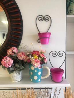 (6) Artificial Plants with Pots, Two Small Pink Pots, Two Black Heart Shaped Pot Holders