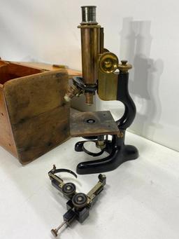 Bousch & Lomb Optical Brass & Cash Iron Microscope w/ Original Wood Case